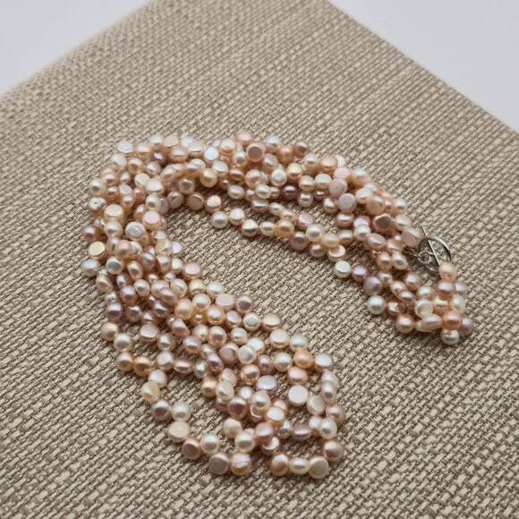 17.5 Inch Sterling Silver Triple Strand Genuine Light Pearls Necklace B501 - Picture 2 of 6